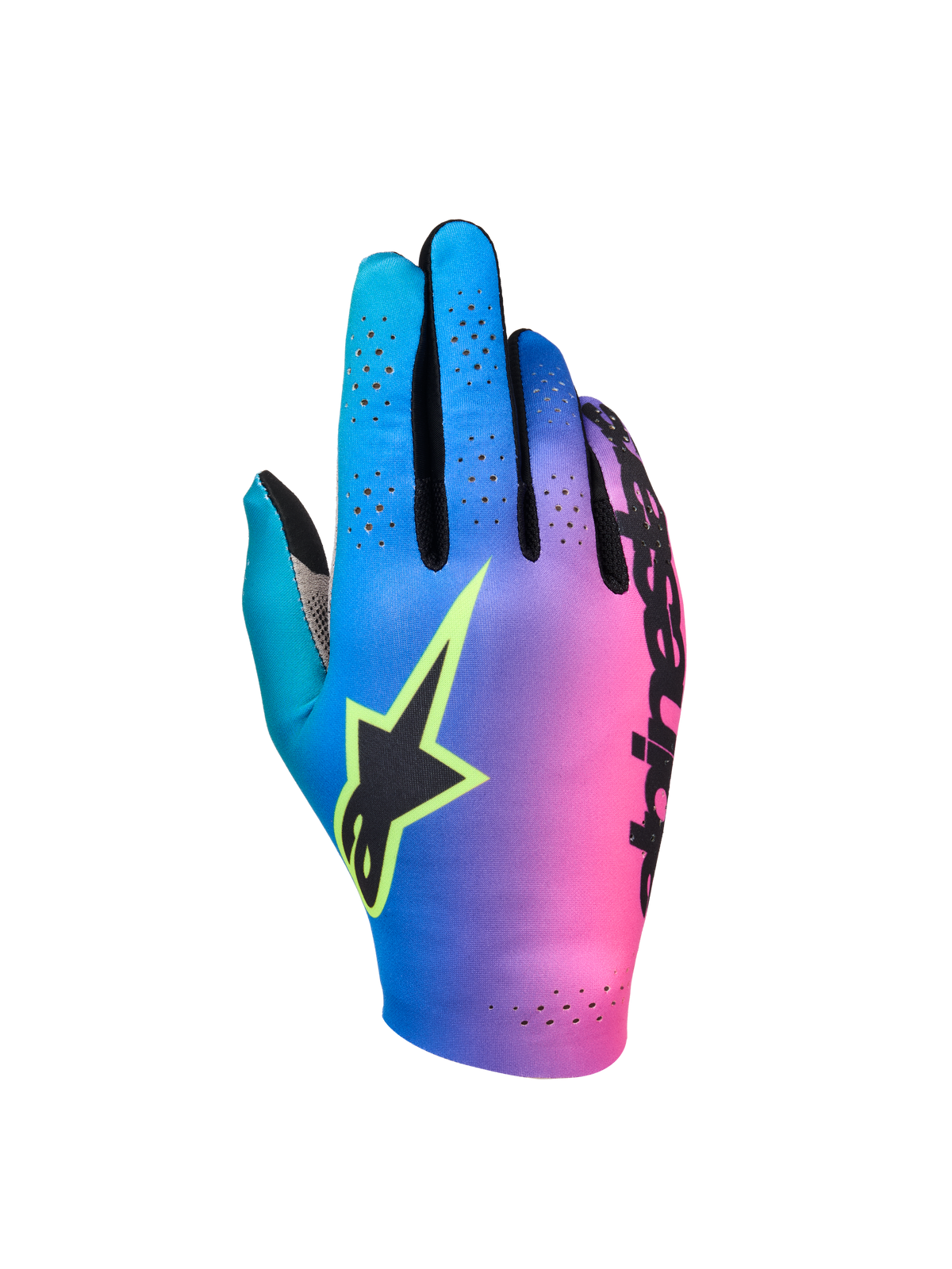 Alpinestars Sim Gloves Graphic 2, SIM-Racing-Handschuhe, Farbverlauf in Cyan, Lila und Pink, schwarzes Stern-Logo mit neongelber Umrandung, perforierter Handrücken zur Belüftung, leichte Performance-Gaming-Ausrüstung