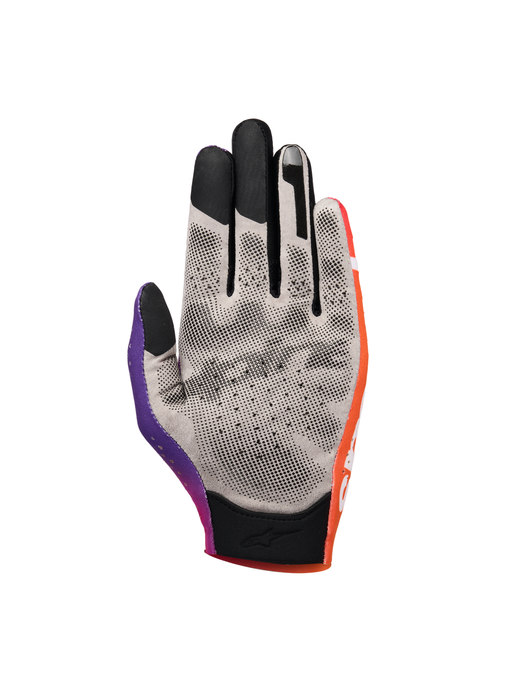 Alpinestars Sim Gloves Graphic 2, Sim-Racing-Handschuhe, Orange, Neon-Lila und Weiß, Handflächenansicht mit grauem Stoff und schwarzen 3D-gedruckten Grip-Noppen, Touchscreen-kompatible Fingerspitzen und kurze Manschette für Präzision beim virtuellen Rennsport