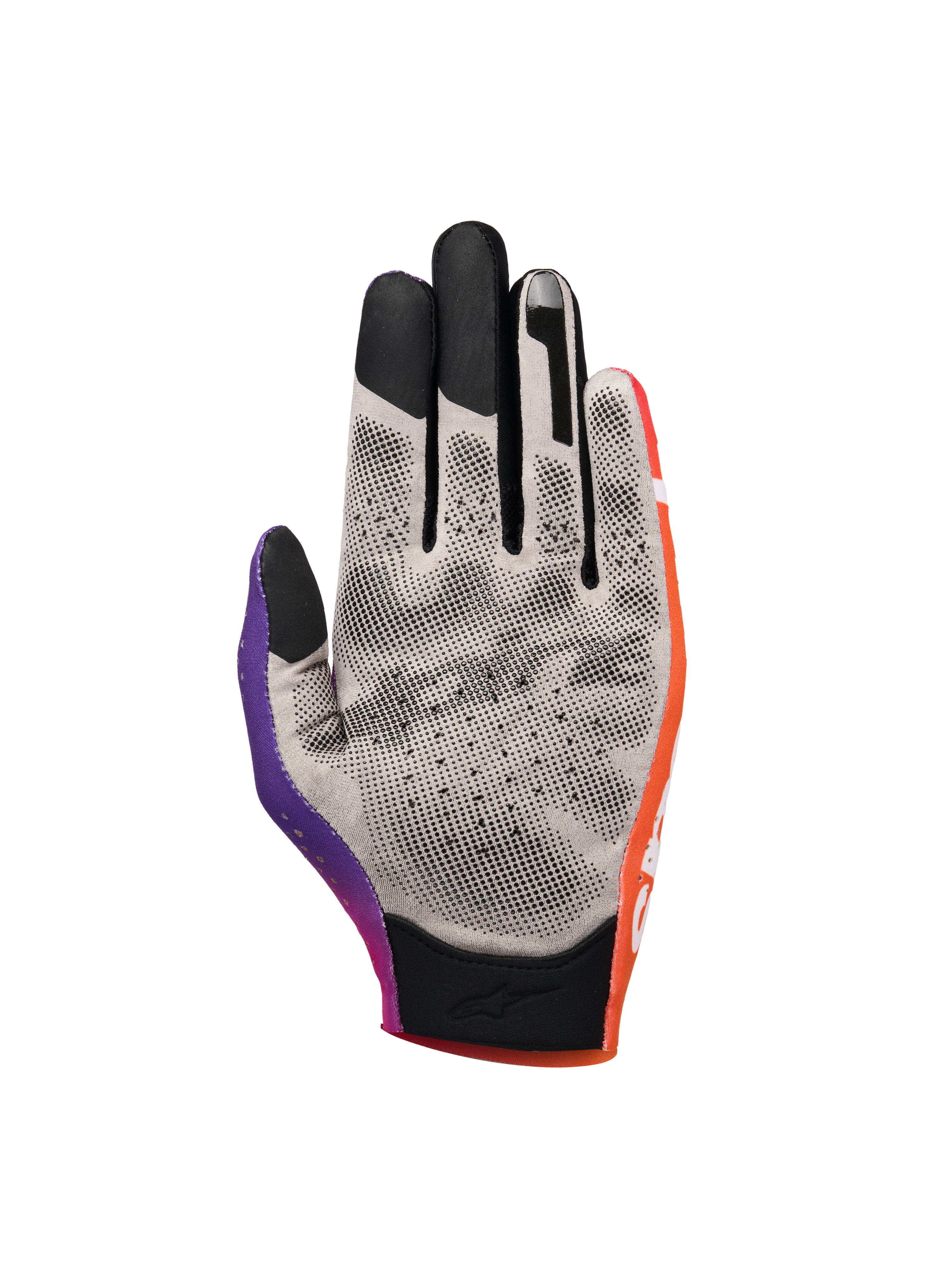 Alpinestars Sim Gloves Graphic 2, Sim-Racing-Handschuhe, Orange, Neon-Lila und Weiß, Handflächenansicht mit grauem Stoff und schwarzen 3D-gedruckten Grip-Noppen, Touchscreen-kompatible Fingerspitzen und kurze Manschette für Präzision beim virtuellen Rennsport