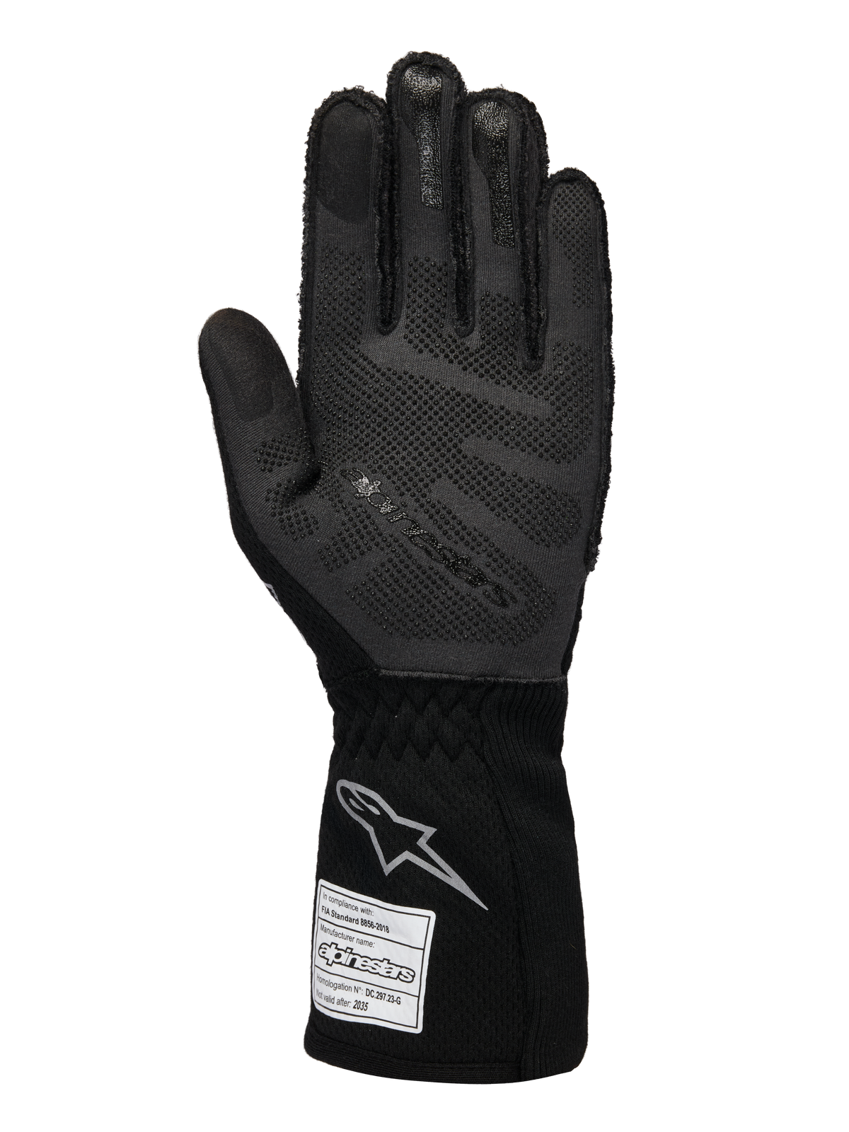 Alpinestars Limited Edition Lamborghini Tech-1 ZX V4 Handschuhe, Autorenn-Handschuhe, Schwarz und Dunkelgrau, Handflächenansicht mit 3D-Silikon-Grip-Technologie, silbernes Logo auf der Manschette, FIA-Homologationsetikett, professionelle Motorsport-Ausrüstung