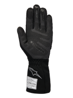 Alpinestars Limited Edition Lamborghini Tech-1 ZX V4 Handschuhe, Autorenn-Handschuhe, Schwarz und Dunkelgrau, Handflächenansicht mit 3D-Silikon-Grip-Technologie, silbernes Logo auf der Manschette, FIA-Homologationsetikett, professionelle Motorsport-Ausrüstung