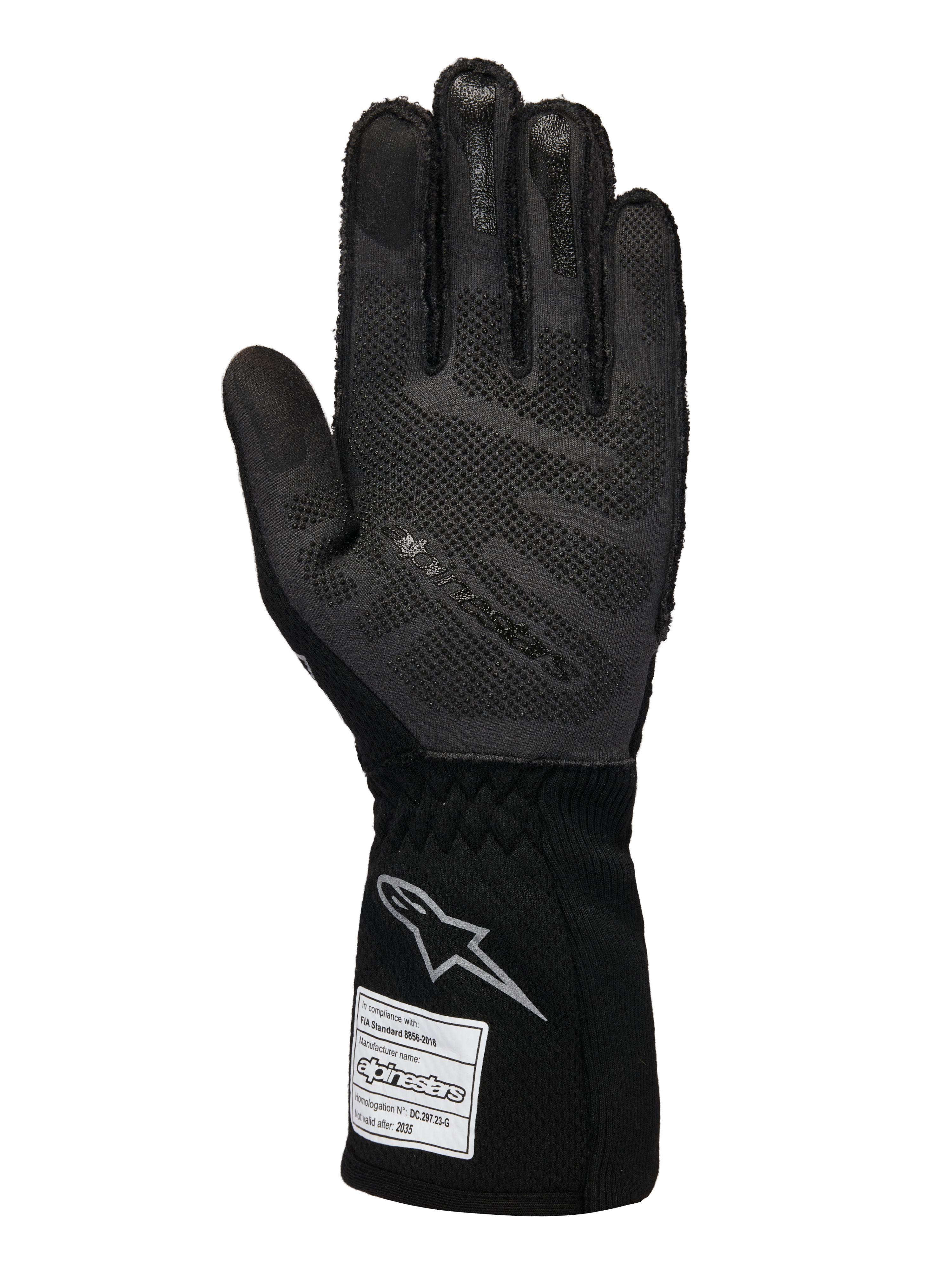 Alpinestars Limited Edition Lamborghini Tech-1 ZX V4 Handschuhe, Autorenn-Handschuhe, Schwarz und Dunkelgrau, Handflächenansicht mit 3D-Silikon-Grip-Technologie, silbernes Logo auf der Manschette, FIA-Homologationsetikett, professionelle Motorsport-Ausrüstung