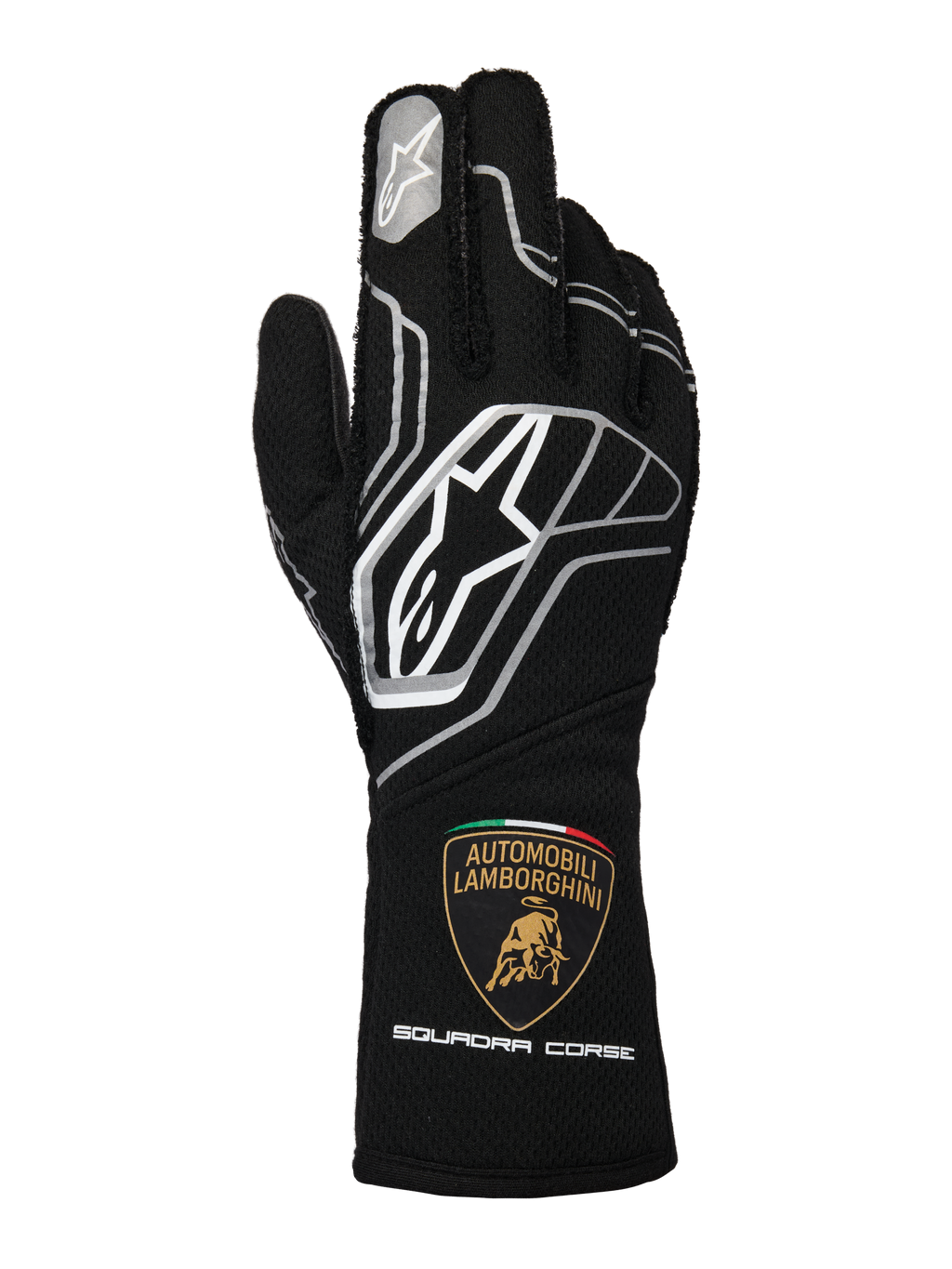 Alpinestars Limited Edition Lamborghini Tech-1 ZX V4 Handschuhe, Schwarz mit dunkelgrauen und weißen Akzenten, mit dem markanten Alpinestars-Logo und dem Automobili Lamborghini Squadra Corse Wappen auf der Manschette, professionelle FIA-zertifizierte Autorenhandschuhe