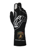 Alpinestars Limited Edition Lamborghini Tech-1 ZX V4 Handschuhe, Schwarz mit dunkelgrauen und weißen Akzenten, mit dem markanten Alpinestars-Logo und dem Automobili Lamborghini Squadra Corse Wappen auf der Manschette, professionelle FIA-zertifizierte Autorenhandschuhe