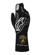 Alpinestars Limited Edition Lamborghini Tech-1 ZX V4 Handschuhe, Schwarz mit dunkelgrauen und weißen Akzenten, mit dem markanten Alpinestars-Logo und dem Automobili Lamborghini Squadra Corse Wappen auf der Manschette, professionelle FIA-zertifizierte Autorenhandschuhe