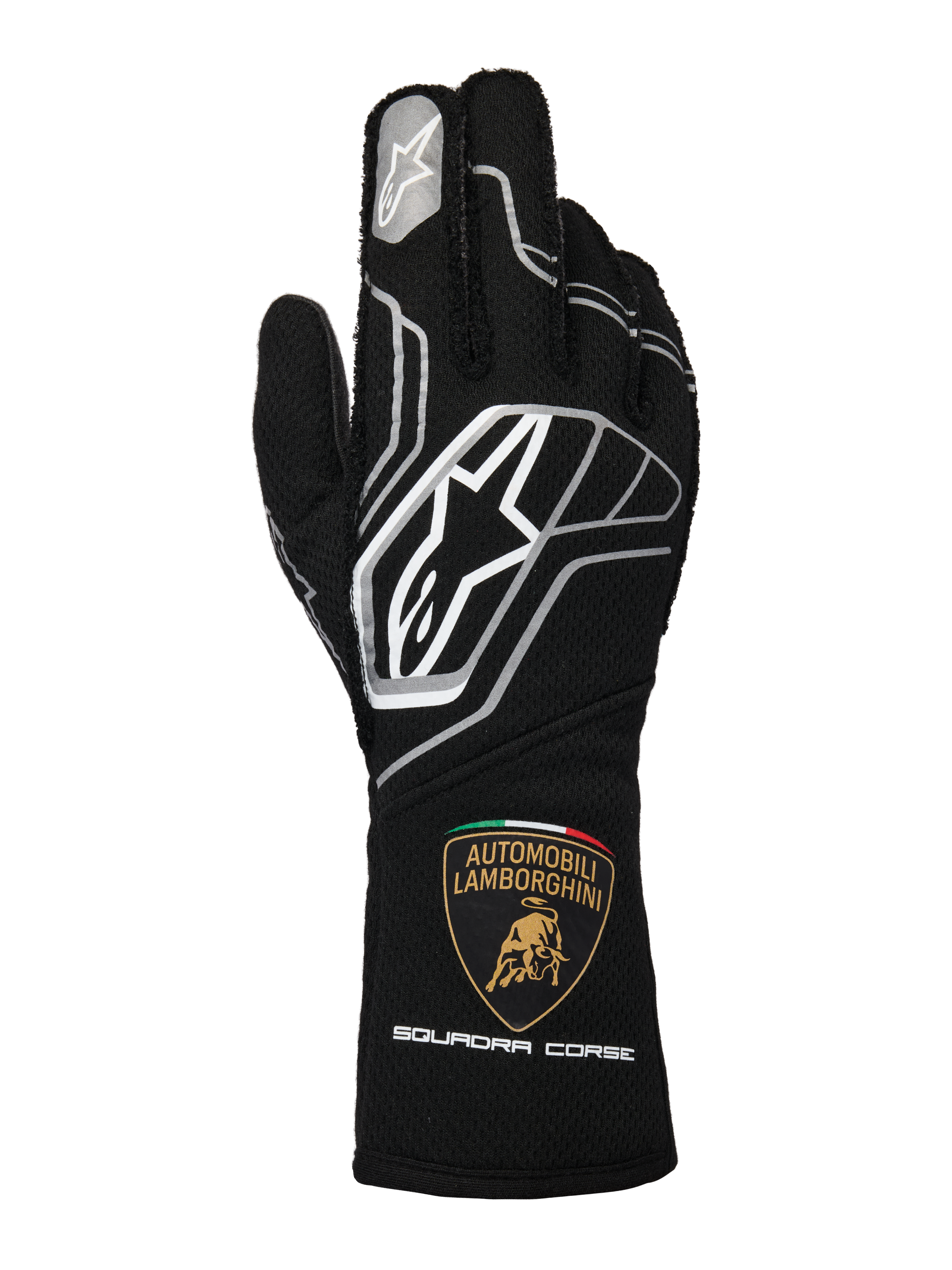 Alpinestars Limited Edition Lamborghini Tech-1 ZX V4 Handschuhe, Schwarz mit dunkelgrauen und weißen Akzenten, mit dem markanten Alpinestars-Logo und dem Automobili Lamborghini Squadra Corse Wappen auf der Manschette, professionelle FIA-zertifizierte Autorenhandschuhe