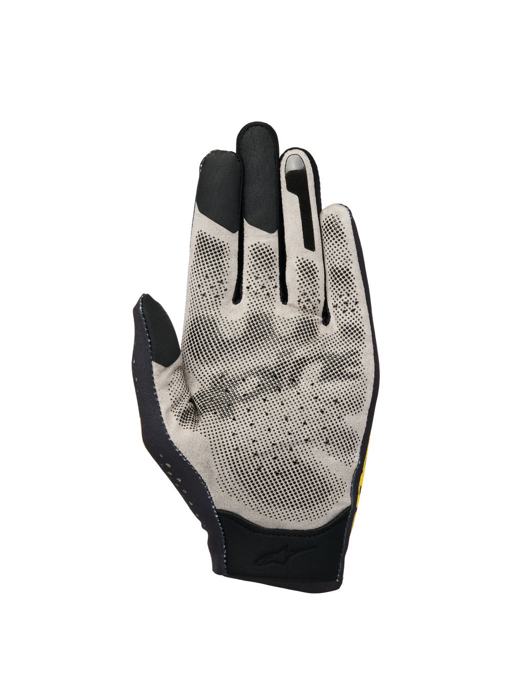 Alpinestars Sim Gloves Graphic 3, SIM-Racing-Handschuhe, Handflächenansicht mit hellgrauem Nanofront®-Gewebe und schwarzem gepunktetem 3D-Grip-Muster, Touchscreen-kompatiblen Fingerspitzen und atmungsaktiver, perforierter Konstruktion für den virtuellen Rennsport.