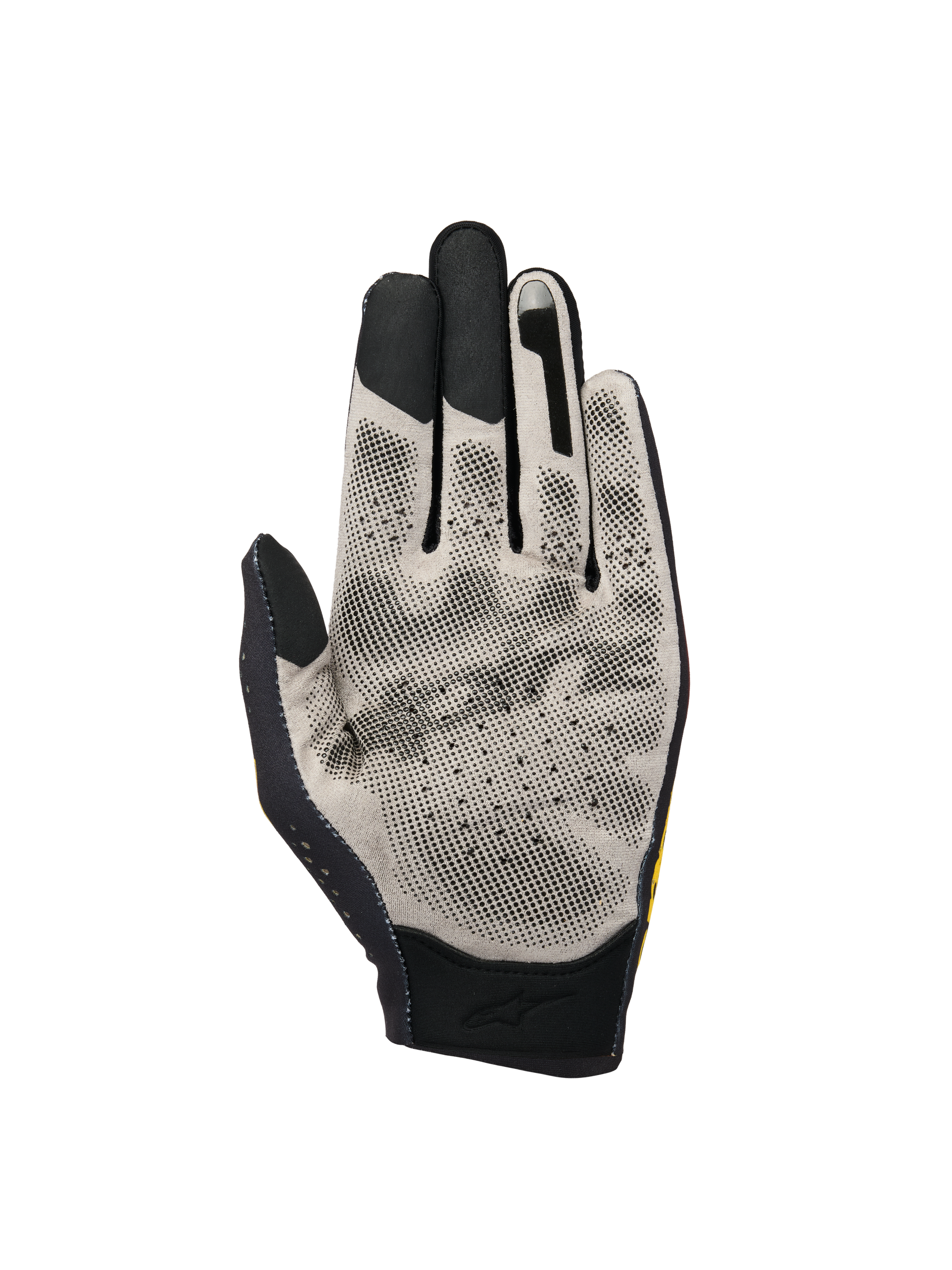 Alpinestars Sim Gloves Graphic 3, SIM-Racing-Handschuhe, Handflächenansicht mit hellgrauem Nanofront®-Gewebe und schwarzem gepunktetem 3D-Grip-Muster, Touchscreen-kompatiblen Fingerspitzen und atmungsaktiver, perforierter Konstruktion für den virtuellen Rennsport.