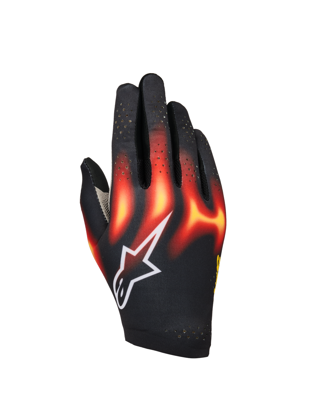 Alpinestars Sim Gloves Graphic 3, Sim-Racing-Handschuhe, Schwarz mit leuchtend roten und warmgelben Flammengrafiken, weißes Stern-Logo, perforierte Finger für Belüftung, leichte und flexible Konstruktion für virtuellen Rennsport