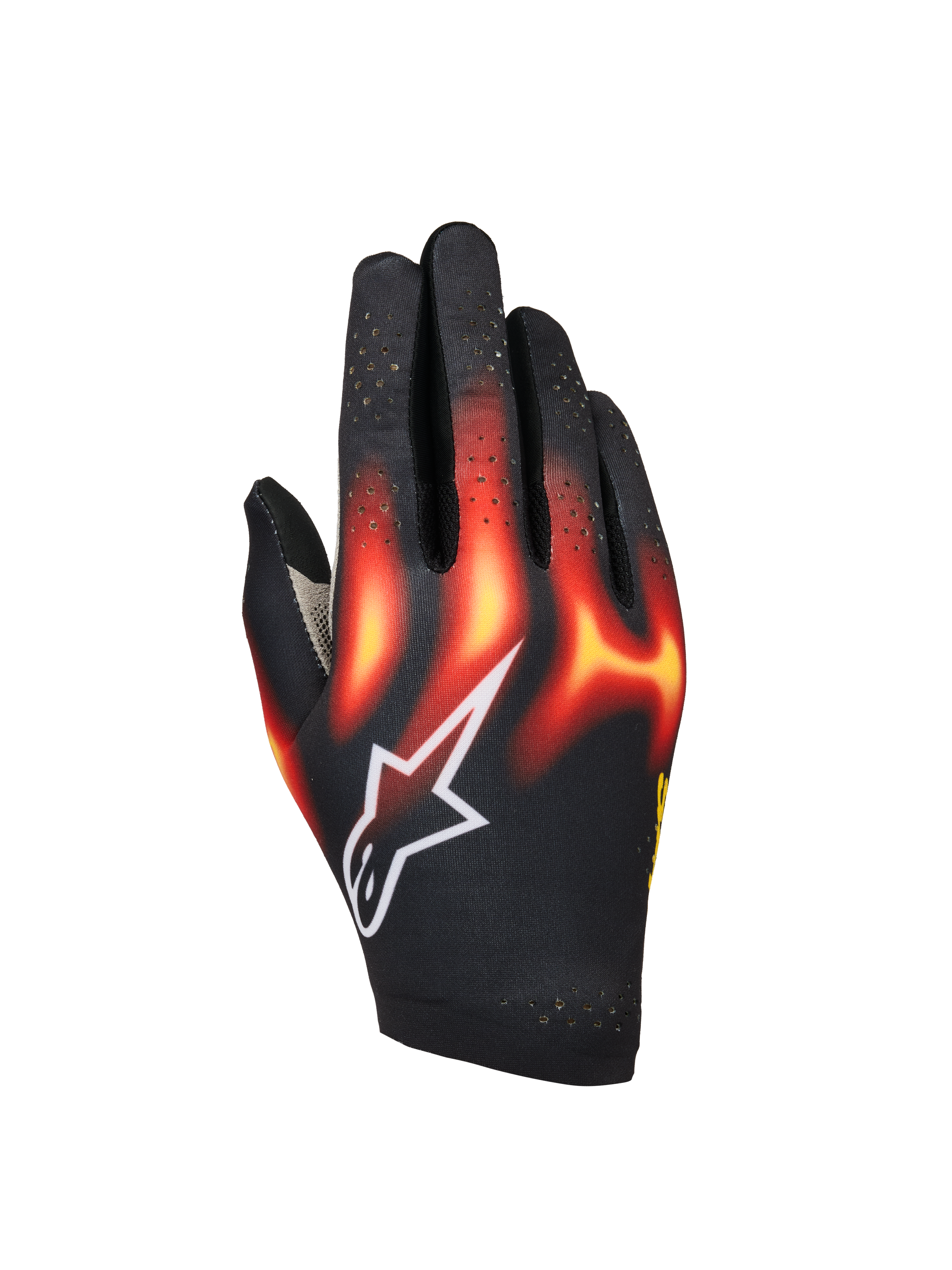 Alpinestars Sim Gloves Graphic 3, Sim-Racing-Handschuhe, Schwarz mit leuchtend roten und warmgelben Flammengrafiken, weißes Stern-Logo, perforierte Finger für Belüftung, leichte und flexible Konstruktion für virtuellen Rennsport