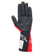 Alpinestars Tech-1 Start V4 Handschuhe FIA, Auto-Rennhandschuhe, Rot und Schwarz, Handflächenansicht mit grauen Silikon-Gripmustern, weißes Alpinestars-Logo auf der verlängerten Manschette, FIA 8856-2018 Zertifizierungsetikett