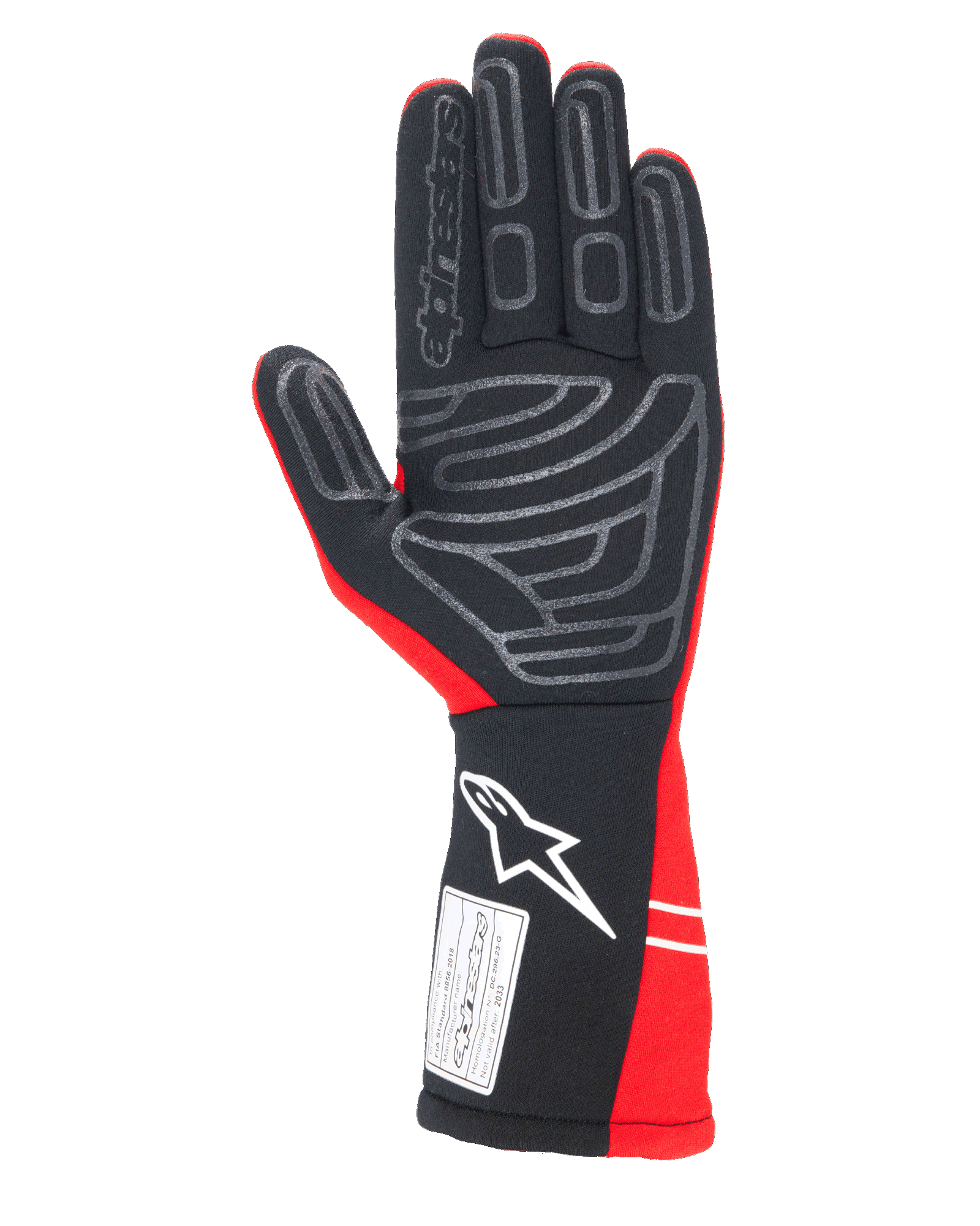 Alpinestars Tech-1 Start V4 Handschuhe FIA, Auto-Rennhandschuhe, Rot und Schwarz, Handflächenansicht mit grauen Silikon-Gripmustern, weißes Alpinestars-Logo auf der verlängerten Manschette, FIA 8856-2018 Zertifizierungsetikett