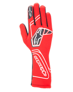 Alpinestars Tech-1 Start V4 FIA Handschuhe, Auto-Rennhandschuhe, Rot mit schwarzen und weißen Akzenten, markantes Stern-Logo auf dem Handrücken und Markenname auf der Manschette, verlängertes Stulpen-Design, professionelle Motorsport-Ausrüstung