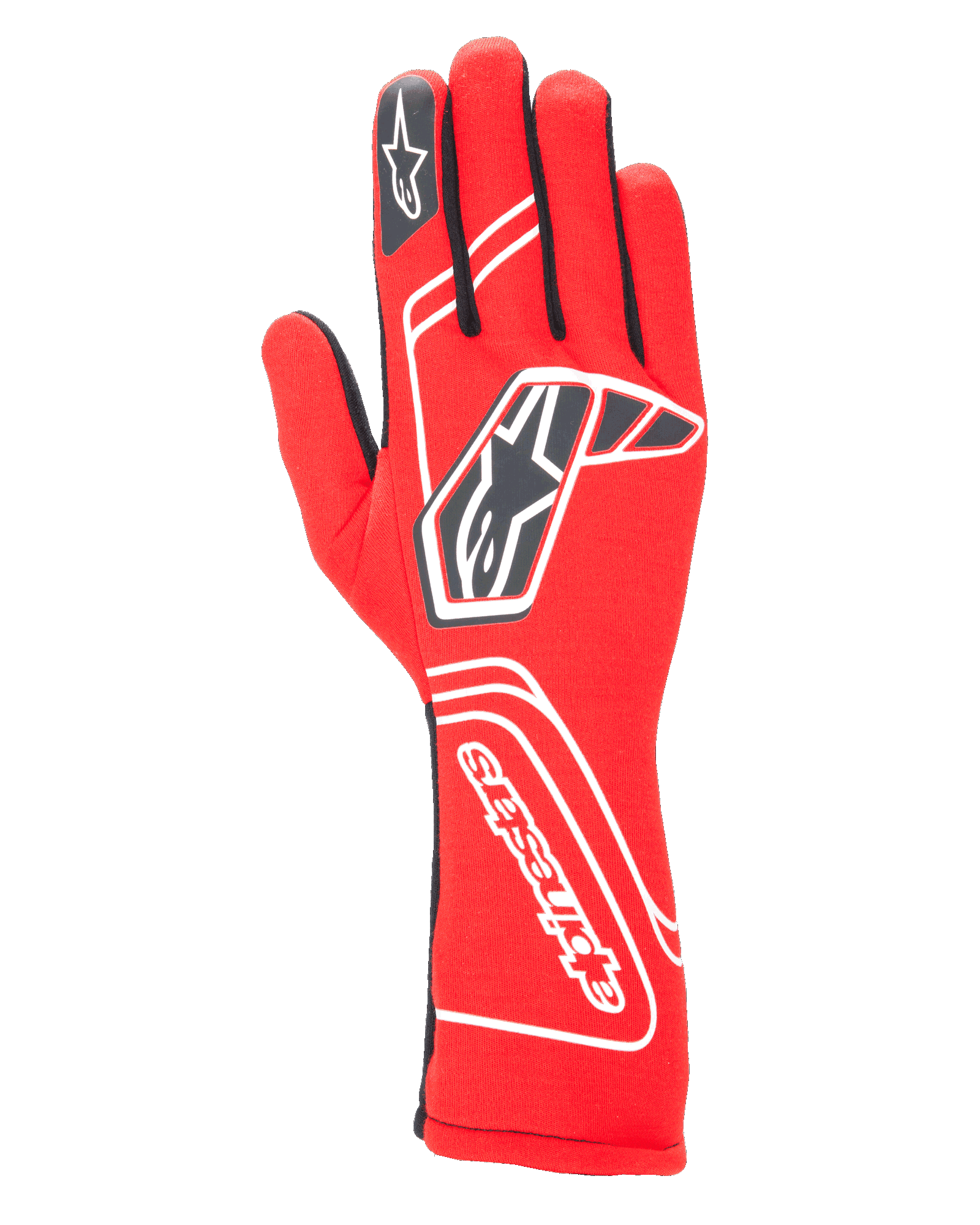 Alpinestars Tech-1 Start V4 FIA Handschuhe, Auto-Rennhandschuhe, Rot mit schwarzen und weißen Akzenten, markantes Stern-Logo auf dem Handrücken und Markenname auf der Manschette, verlängertes Stulpen-Design, professionelle Motorsport-Ausrüstung