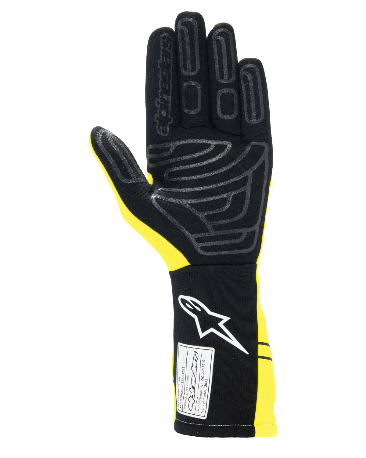 Alpinestars Tech-1 Start V4 Handschuhe FIA, Auto-Rennhandschuhe, Gelb Fluo und Schwarz, Handflächenansicht mit Silikongrip-Mustern, verlängerte Manschette mit weißem Logo und FIA-Zertifizierungsetikett