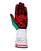 Alpinestars Tech-1 K V3 Handschuhe, Karting-Handschuhe, Weiß, Grün und Rot, Handflächenansicht mit schwarzem synthetischem Wildleder und roten Silikon-Griffflächen, grüner Daumenakzent, weiße lange Stulpe mit FIA-Homologationsetikett und rotem Branding, professionelle Rennausrüstung