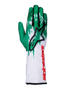Alpinestars Tech-1 K V3 Handschuhe, Karting-Handschuhe, Weiß, Grün und Rot, großes schwarzes Stern-Logo auf dem Handrücken, vertikaler roter Alpinestars-Schriftzug auf der Stulpe, grün-weißes Grafikmuster auf den Fingern, technische enganliegende Passform