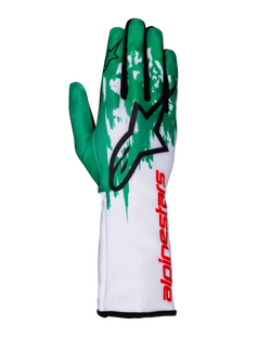 Alpinestars Tech-1 K V3 Gloves, Karting Racing Gloves, White Green and Red, large black star logo on back of hand, vertical red Alpinestars branding on gauntlet, green and white graphic pattern on fingers, technical fitted design