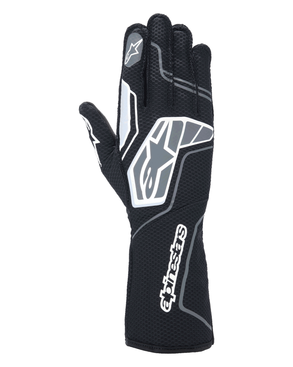 Alpinestars Tech-1 KX V4 Handschuhe, Karting-Handschuhe, Schwarz Anthrazit, Rückansicht mit atmungsaktivem zweilagigem Mesh-Gewebe, grauen und weißen Grafikdetails, markantem Alpinestars-Branding am Handgelenk und an den Knöcheln, spezialisierte Rennausrüstung