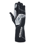 Alpinestars Tech-1 KX V4 Handschuhe, Karting-Handschuhe, Schwarz Anthrazit, Rückansicht mit atmungsaktivem zweilagigem Mesh-Gewebe, grauen und weißen Grafikdetails, markantem Alpinestars-Branding am Handgelenk und an den Knöcheln, spezialisierte Rennausrüstung