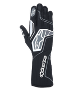 Alpinestars Tech-1 KX V4 Handschuhe, Karting-Handschuhe, Schwarz Anthrazit, Rückansicht mit atmungsaktivem zweilagigem Mesh-Gewebe, grauen und weißen Grafikdetails, markantem Alpinestars-Branding am Handgelenk und an den Knöcheln, spezialisierte Rennausrüstung