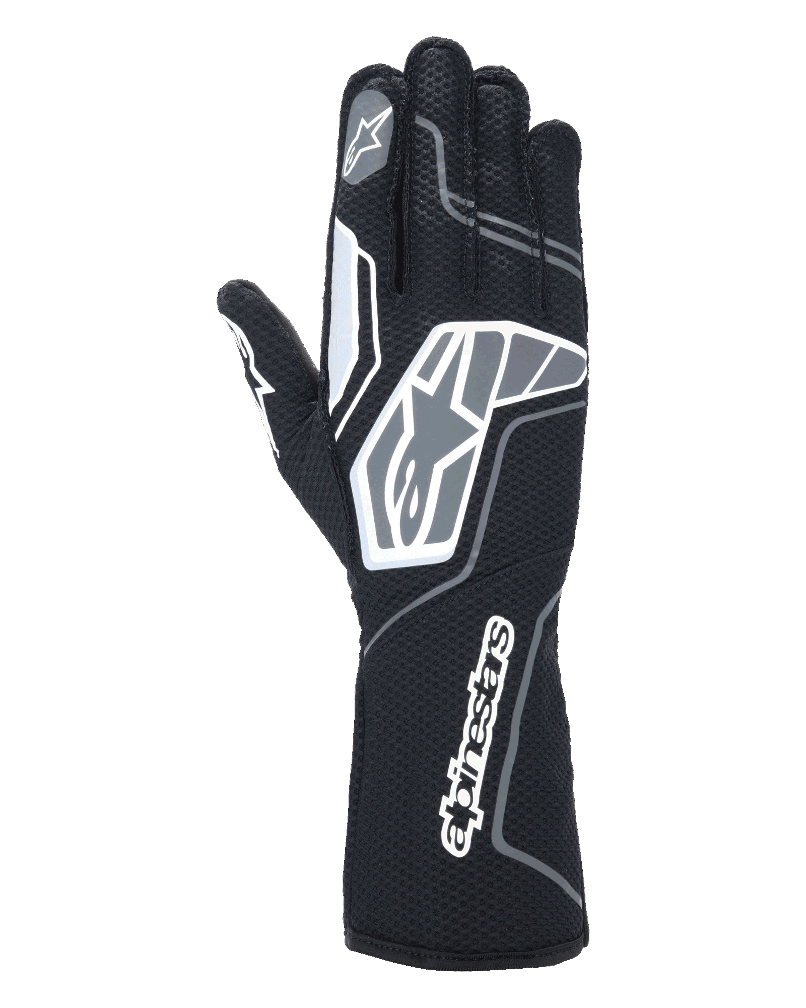 Alpinestars Tech-1 KX V4 Handschuhe, Karting-Handschuhe, Schwarz Anthrazit, Rückansicht mit atmungsaktivem zweilagigem Mesh-Gewebe, grauen und weißen Grafikdetails, markantem Alpinestars-Branding am Handgelenk und an den Knöcheln, spezialisierte Rennausrüstung