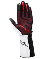 Alpinestars Tech-1 KX V4 Handschuhe, Karthandschuhe, Schwarz, Weiß und Rot, Handflächenansicht mit rotem 3D-Silikon-Gripmuster, weißes Handgelenk mit schwarzem Stern-Logo, Hochleistungs-Motorsport-Design