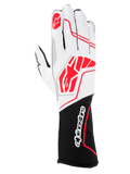 Alpinestars Tech-1 KX V4 Handschuhe, Kart-Handschuhe, Schwarz Weiß Rot, mit einem atmungsaktiven Obermaterial aus weißem Mesh, roten Alpinestars-Logos und einer schwarzen Handgelenksmanschette mit weißem Markenschriftzug.