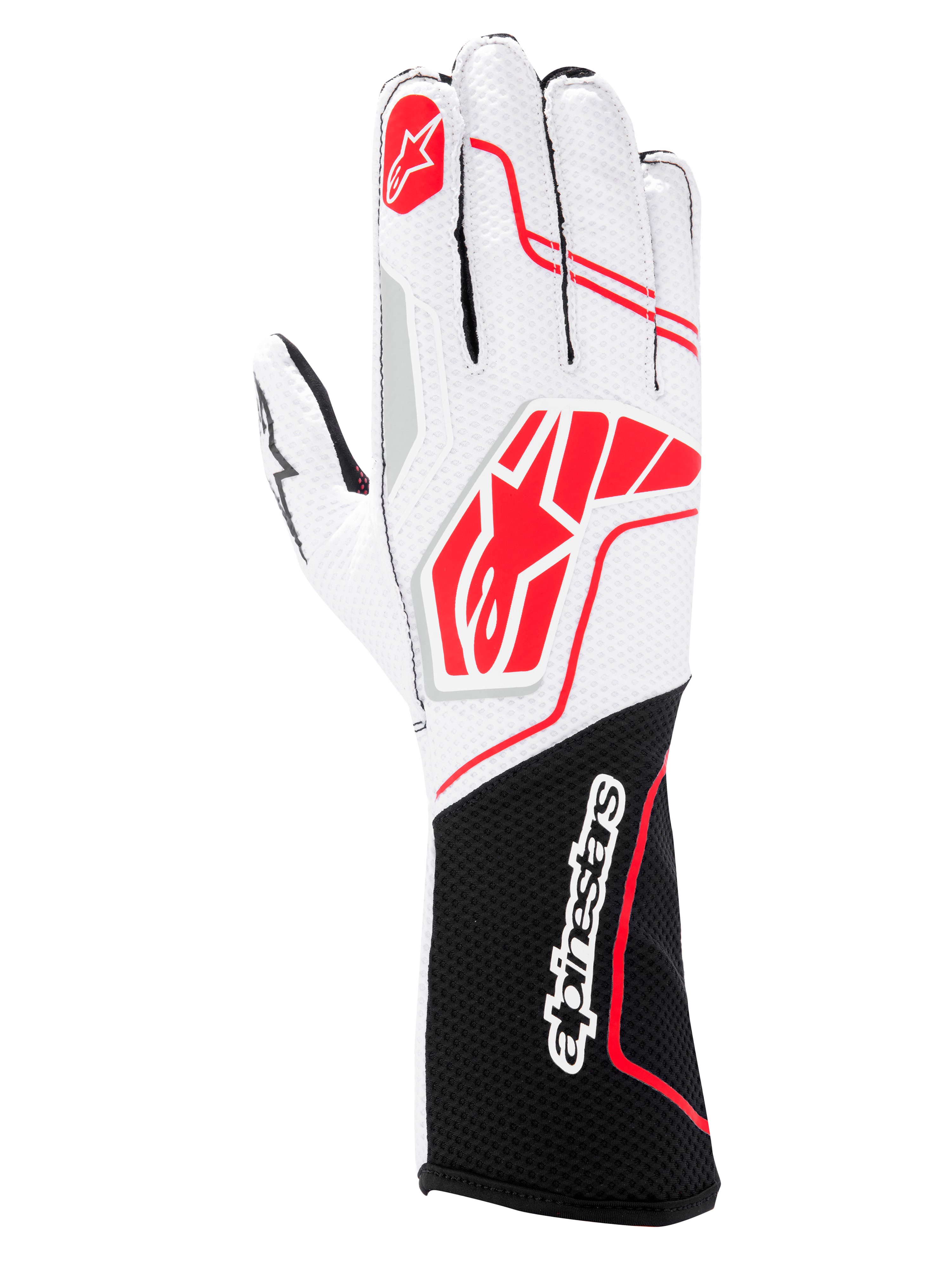Alpinestars Tech-1 KX V4 Handschuhe, Kart-Handschuhe, Schwarz Weiß Rot, mit einem atmungsaktiven Obermaterial aus weißem Mesh, roten Alpinestars-Logos und einer schwarzen Handgelenksmanschette mit weißem Markenschriftzug.