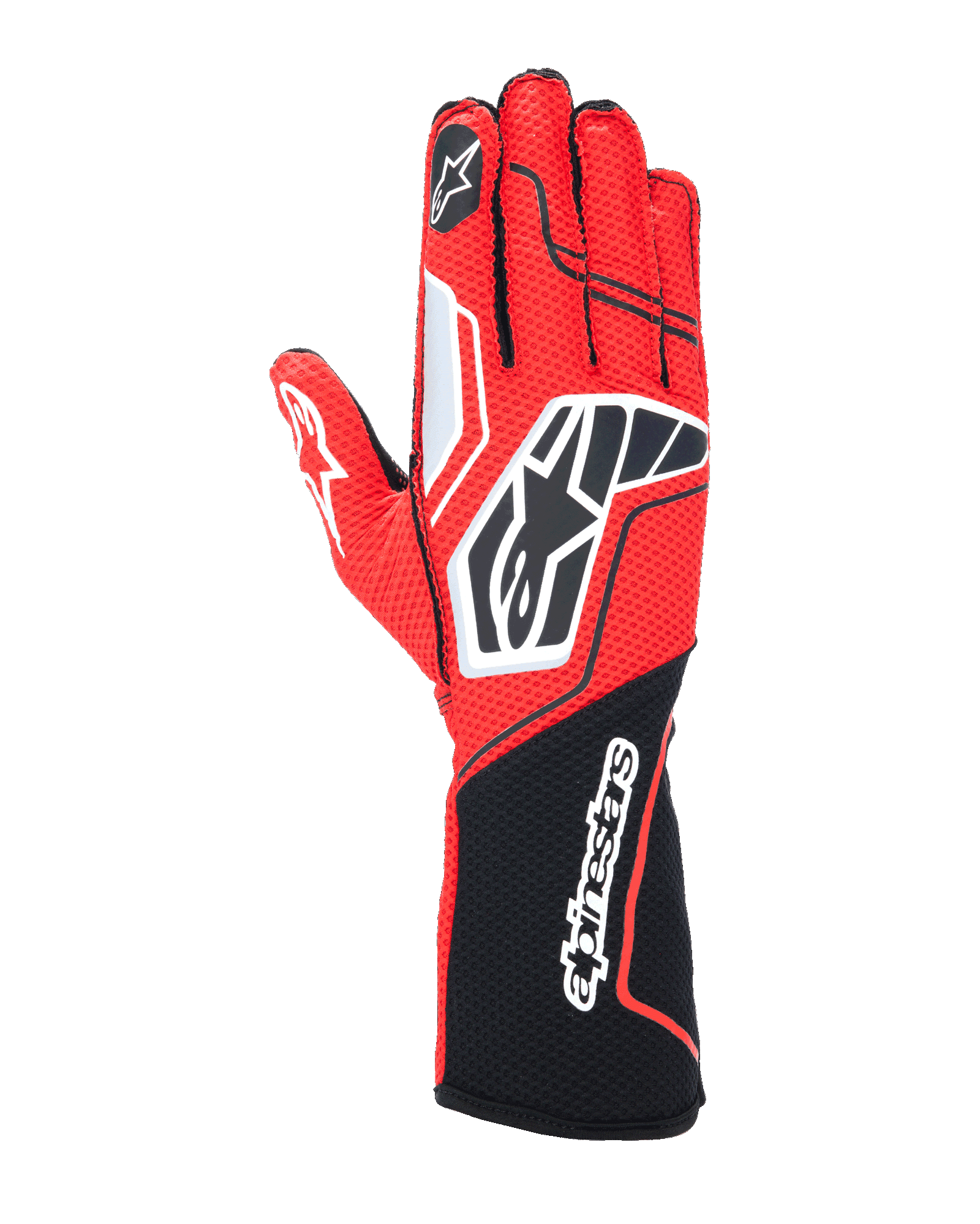 Alpinestars Tech-1 KX V4 Gloves, Karting Racing Gloves, Red and Black with White Accents, breathable mesh construction, bold Star logo on back of hand, long cuff with Alpinestars script, professional motorsport gear