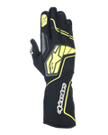 Alpinestars Tech-1 KX V4 Gloves, Karting Racing Gloves, Tar Gray, Black and Yellow Fluo, backhand view featuring breathable mesh construction, large yellow Alpinestars logo, white wordmark on the wrist, yellow star on index finger, modern sporty design