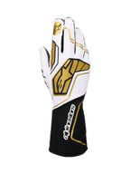 Alpinestars Tech-1 KX V4 Gloves, karting racing gloves, white and black with gold accents, featuring a gold star logo on the index finger and large gold geometric patterns on the back, breathable mesh construction with a black cuff and white branding, ergonomic design for motorsport performance.