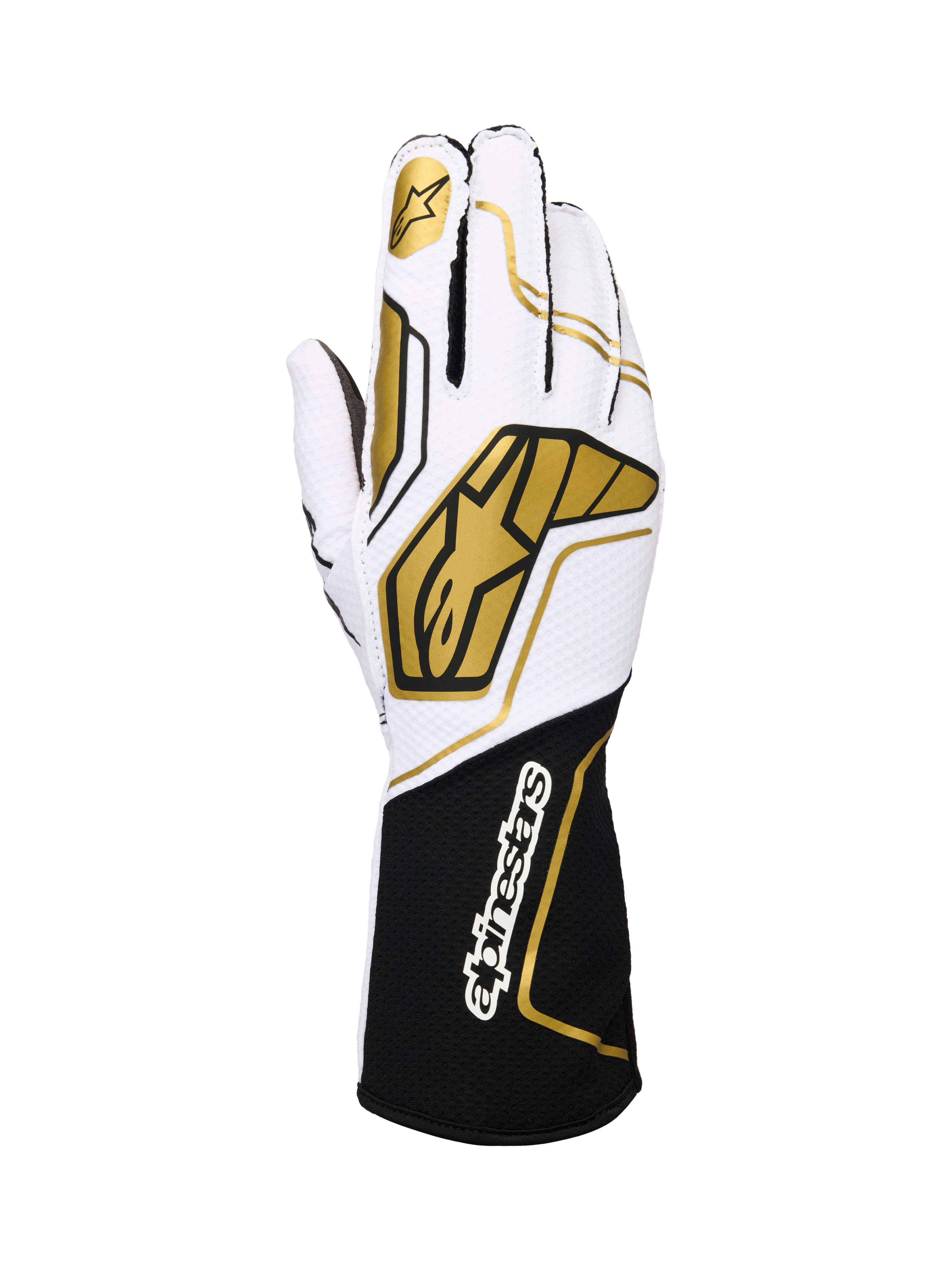 Alpinestars Tech-1 KX V4 Gloves, karting racing gloves, white and black with gold accents, featuring a gold star logo on the index finger and large gold geometric patterns on the back, breathable mesh construction with a black cuff and white branding, ergonomic design for motorsport performance.