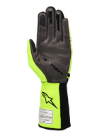 Alpinestars Tech-1 KX V4 Handschuhe, Kart-Handschuhe, Gelb Fluo und Schwarz, Handflächenansicht mit grauem synthetischem Wildleder und 3D-Silikon-Gripmuster, FIA-Homologationsetikett am gerippten Bündchen, Performance-Racing-Design