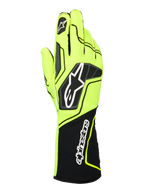 Alpinestars Tech-1 KX V4 Handschuhe, Karting-Rennhandschuhe, Neongelb und Schwarz, Rückansicht mit atmungsaktiver zweilagiger Mesh-Konstruktion, markantem Astar-Logo auf dem Handrücken und Alpinestars-Schriftzug auf der verlängerten gerippten Stulpe, ergonomisches Performance-Design