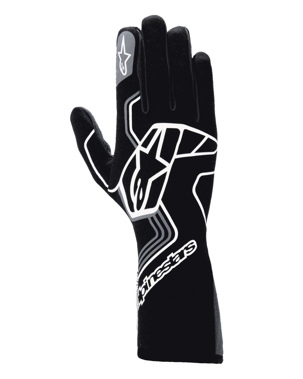 Alpinestars Tech-1 Race V4 Handschuhe, Auto-Rennhandschuhe, Schwarz Teer-Grau, großes weißes geometrisches Stern-Logo, Alpinestars-Branding an Stulpe und Zeigefinger, langer Stulpen-Stil für Hochleistungs-Motorsport