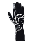 Alpinestars Tech-1 Race V4 Handschuhe, Auto-Rennhandschuhe, Schwarz Teer-Grau, großes weißes geometrisches Stern-Logo, Alpinestars-Branding an Stulpe und Zeigefinger, langer Stulpen-Stil für Hochleistungs-Motorsport