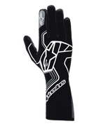 Alpinestars Tech-1 Race V4 Handschuhe, Auto-Rennhandschuhe, Schwarz Teer-Grau, großes weißes geometrisches Stern-Logo, Alpinestars-Branding an Stulpe und Zeigefinger, langer Stulpen-Stil für Hochleistungs-Motorsport