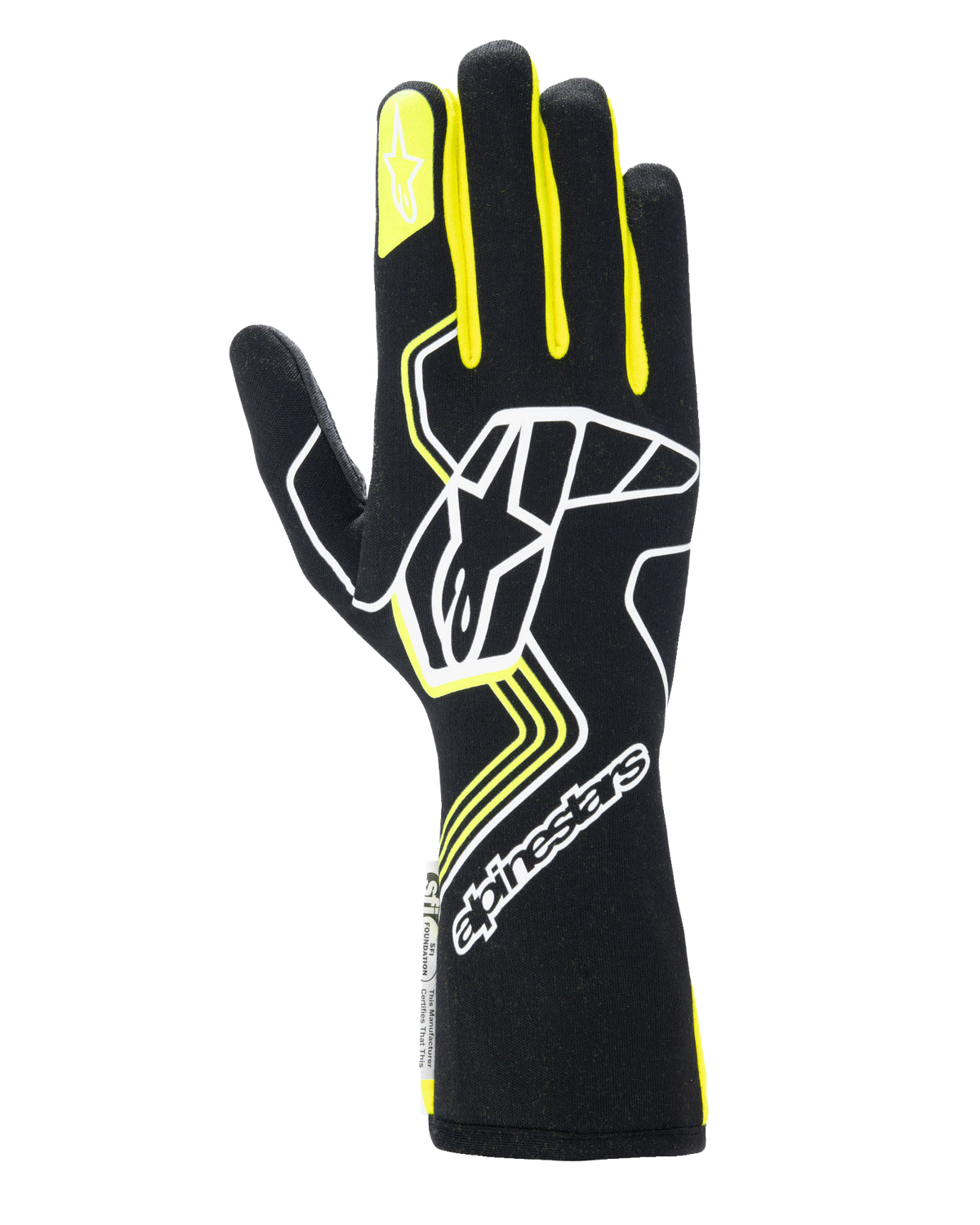 Alpinestars Tech-1 Race V4 Handschuhe, Auto-Rennhandschuhe, Schwarz mit Akzenten in Gelb-Fluo und Weiß, großes Sternenlogo auf dem Handrücken und kleiner Stern auf dem Zeigefinger, schlankes Design mit geometrischen Mustern und verlängerter Stulpe