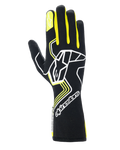 Alpinestars Tech-1 Race V4 Gloves, Auto Racing Gloves, Black with Yellow Fluo and White accents, featuring a large star logo on the back and smaller star on the index finger, sleek design with geometric patterns and extended gauntlet cuff