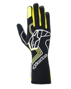 Alpinestars Tech-1 Race V4 Handschuhe, Auto-Rennhandschuhe, Schwarz mit Akzenten in Gelb-Fluo und Weiß, großes Sternenlogo auf dem Handrücken und kleiner Stern auf dem Zeigefinger, schlankes Design mit geometrischen Mustern und verlängerter Stulpe