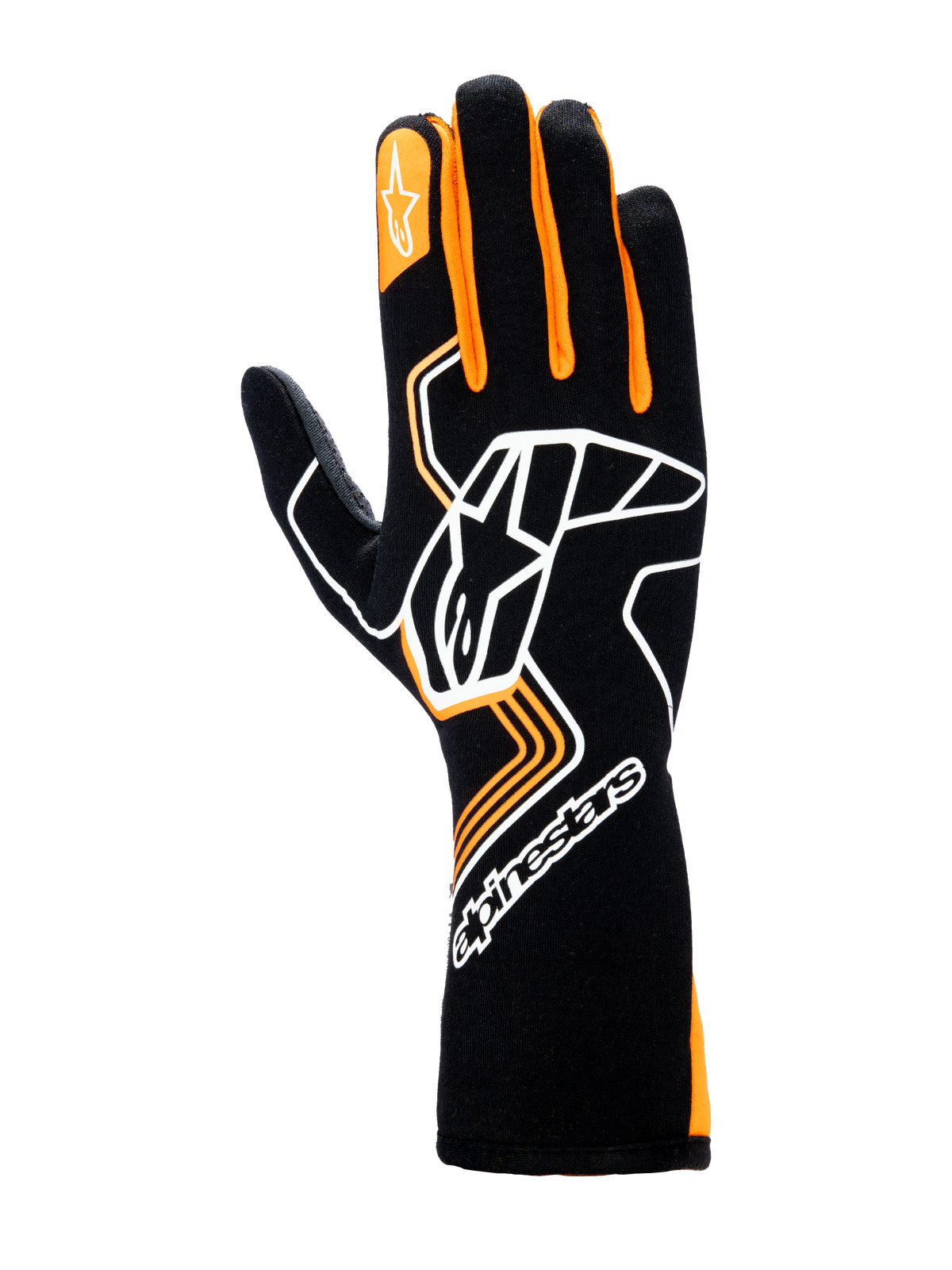Alpinestars Tech-1 Race V4 Gloves, Auto Racing Gloves, Black and Orange Fluo, featuring a large white Astar logo on the back of the hand, orange finger accents, and a high-cuff gauntlet design for professional motorsports protection