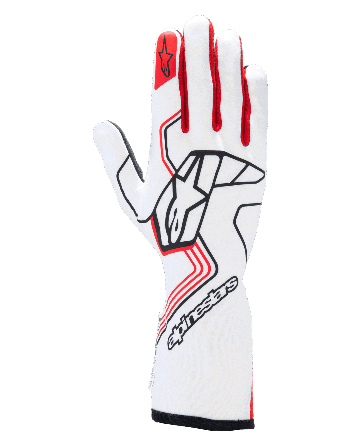 Alpinestars Tech-1 Race V4 Handschuhe, Motorsport-Rennhandschuhe, Weiß und Rot mit schwarzen Akzenten, markantes schwarzes Alpinestars-Logo auf dem Handrücken, rotes Stern-Emblem auf dem Zeigefinger, professionelles Design mit langer Stulpe