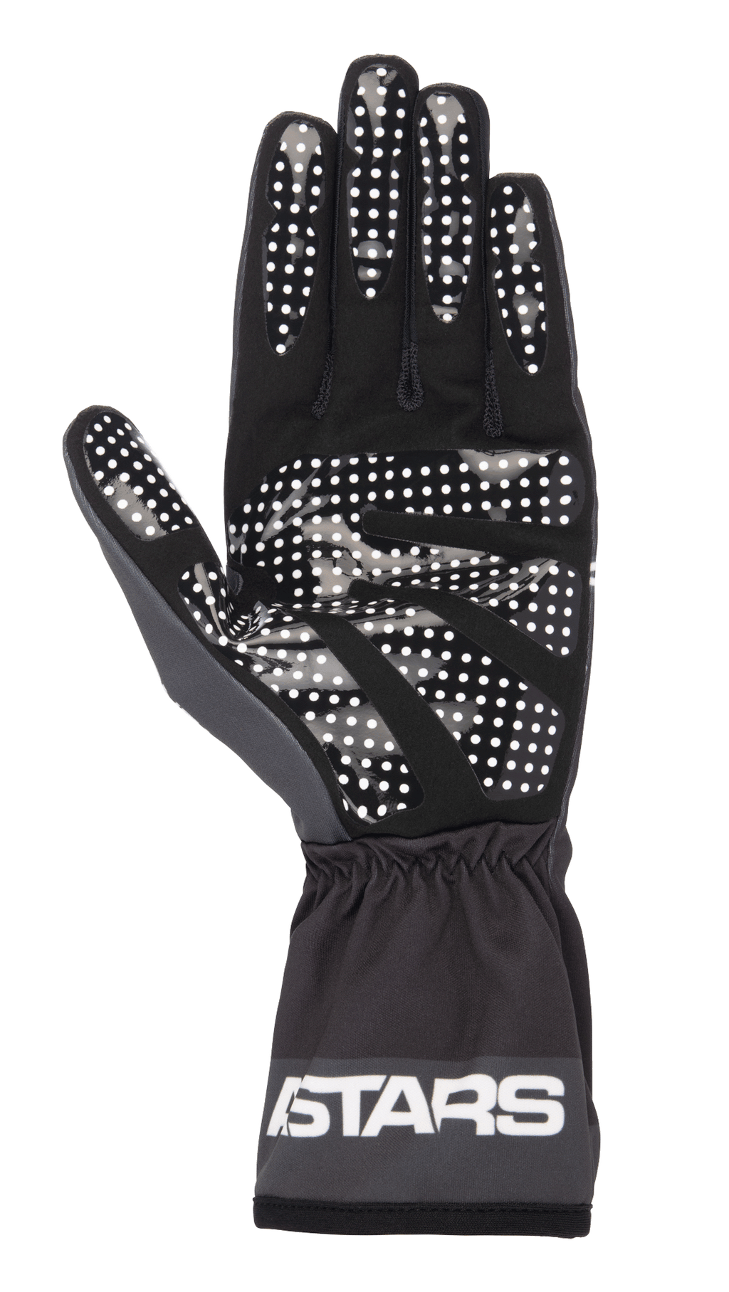 Alpinestars Tech-1 K Race V2 One Vision Handschuhe, Schwarz und Tar-Grau, Handflächenansicht mit weißem Silikon-Punkt-Grip-Muster, elastische Manschette mit ASTARS-Logo, leichte Kart-Ausrüstung