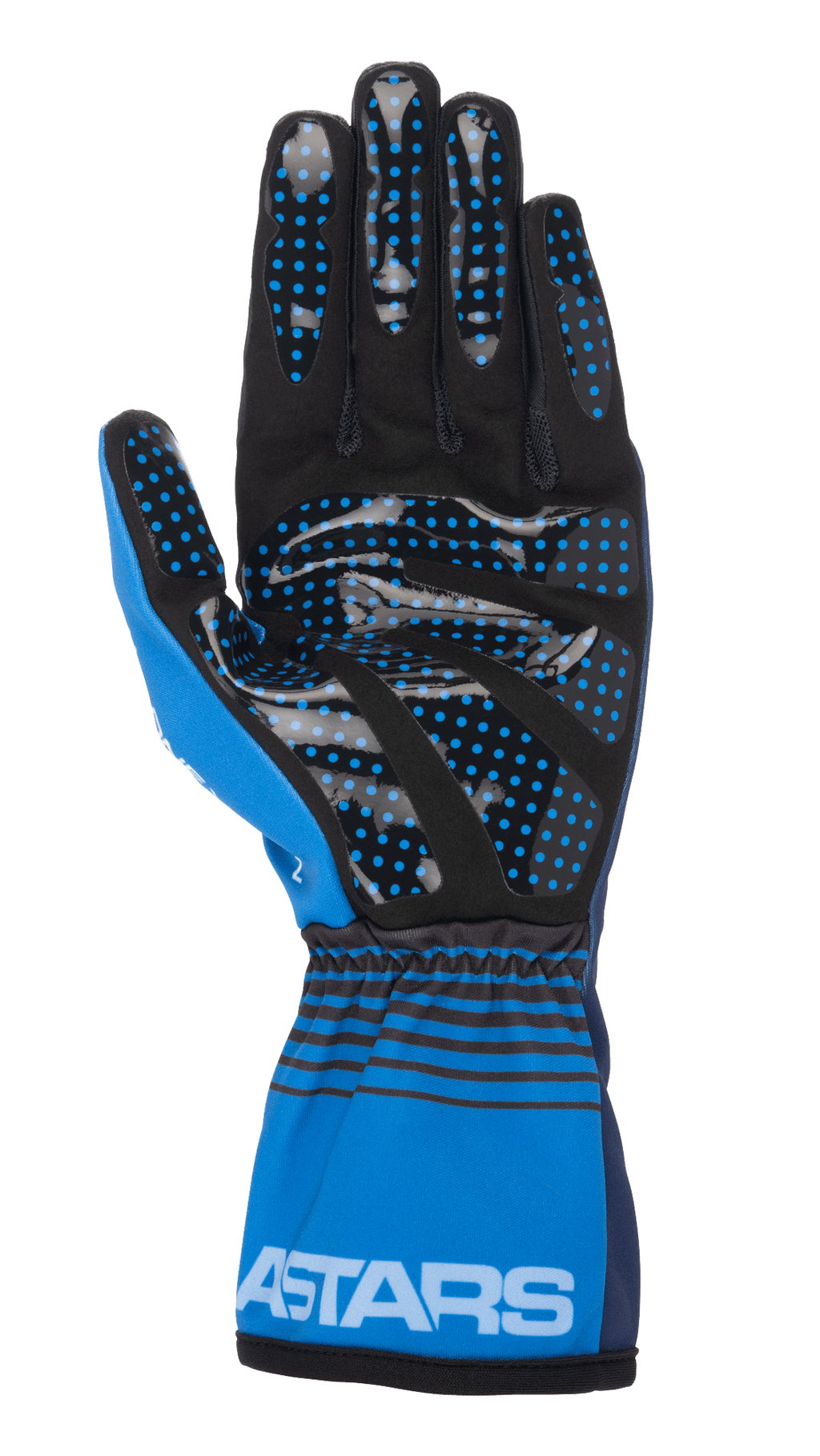 Alpinestars Tech-1 K Race V2 Future Handschuhe, Kart-Handschuhe, Marineblau und Hellblau, Handflächenansicht mit schwarzem synthetischem Wildleder und blauen Silikon-Grippunkten, elastische Manschette mit schwarzen horizontalen Streifen und weißem ASTARS-Branding