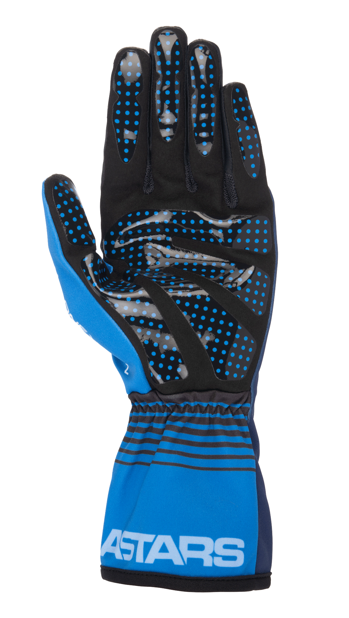 Alpinestars Tech-1 K Race V2 Future Handschuhe, Kart-Handschuhe, Marineblau und Hellblau, Handflächenansicht mit schwarzem synthetischem Wildleder und blauen Silikon-Grippunkten, elastische Manschette mit schwarzen horizontalen Streifen und weißem ASTARS-Branding