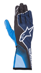 Alpinestars Tech-1 K Race V2 Future Handschuhe, Kart-Rennhandschuhe, Marineblau und Hellblau mit schwarzen Akzenten, großes weißes Stern-Logo, dynamische geschwungene Linien, Mesh-Einsätze an den Fingern, sportliches Motorsport-Design mit weißem Branding