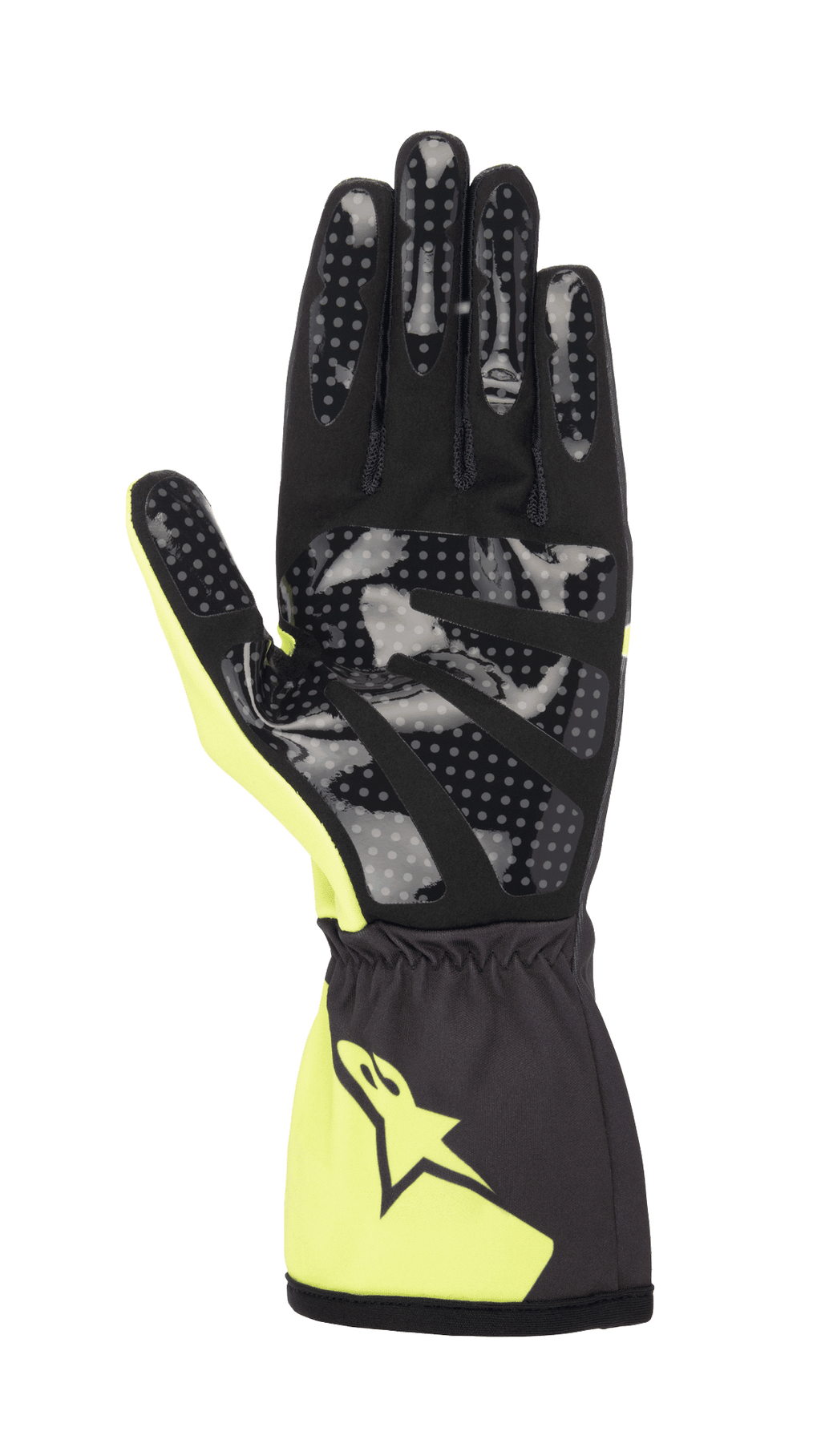 Alpinestars Youth Tech-1 K Race S V2 Corporate Handschuhe, Kart-Handschuhe, Anthrazit und Lime, Handflächenansicht mit gepunktetem Silikon-Grip-Druck, Handfläche aus synthetischem Wildleder und elastisches Bündchen mit Alpinestars-Logo