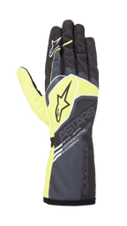 Alpinestars Youth Tech-1 K Race S V2 Corporate Handschuhe, Kart-Rennhandschuhe, Anthrazit und Lime Green, mit Stern-Logos und „ASTARS“-Branding, lange Stulpe mit „Advanced Racing Engineering“-Schriftzug, Performance-Renndesign für jugendliche Fahrer