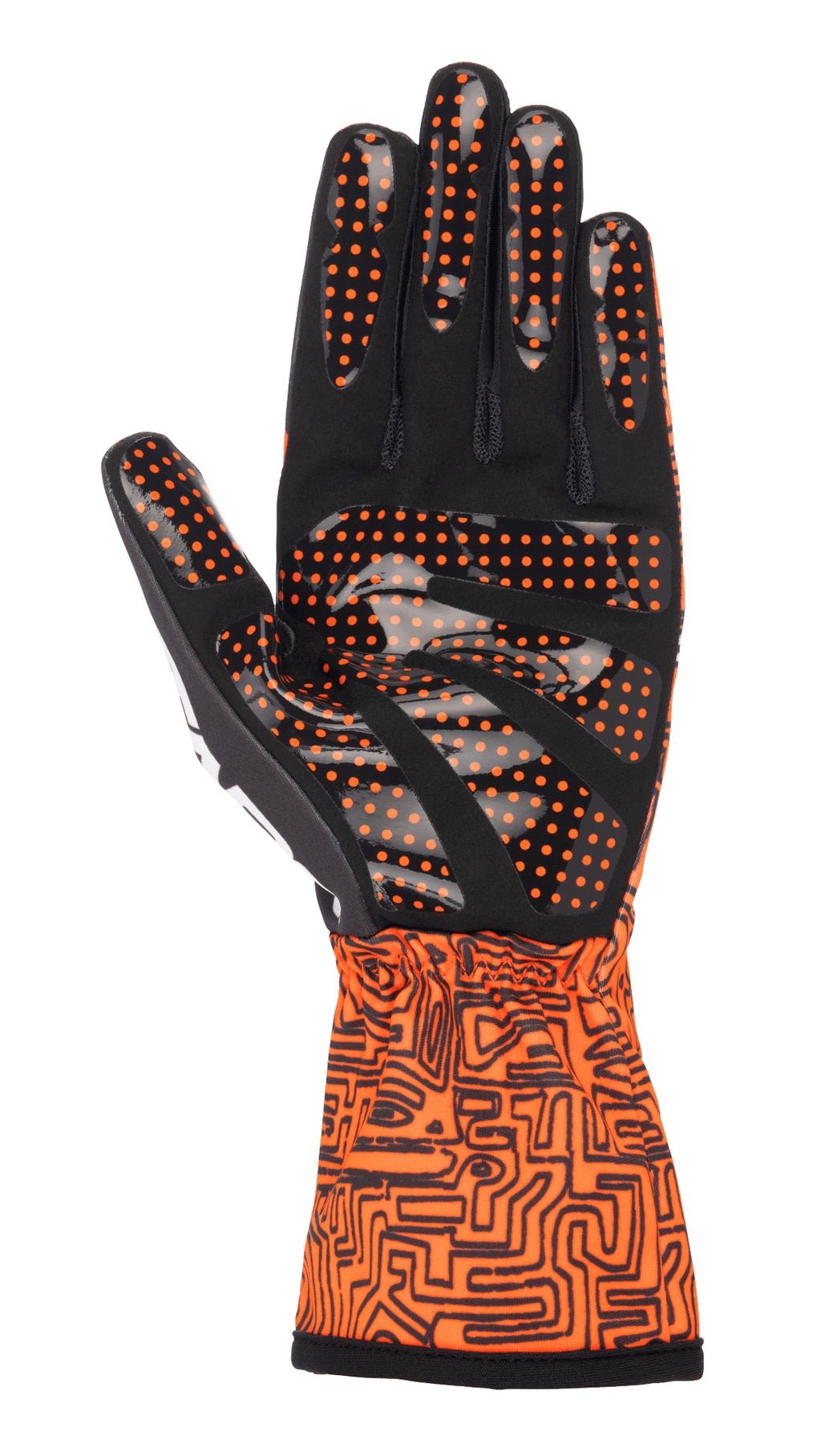 Alpinestars Tech-1 K Race V2 Vertical Handschuhe, Kart-Handschuhe, Fluo-Orange und Schwarz, Ansicht der Handfläche mit schwarzem Synthetik-Wildleder und orangefarbenem Silikon-Punktgrip, Stulpenmanschette mit aufwendigem schwarzem Grafikmuster, entwickelt für präzise Kontrolle beim Karting.